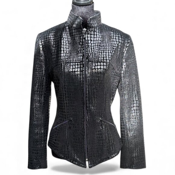 Vintage Lori Zoni 100% Silk Croc Embossed Zip Front Fitted Jacket Small - Picture 5 of 16
